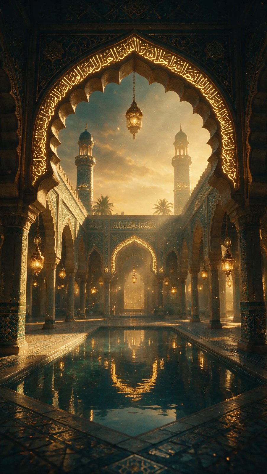 An illuminated Islamic courtyard framed by ornate calligraphic arches